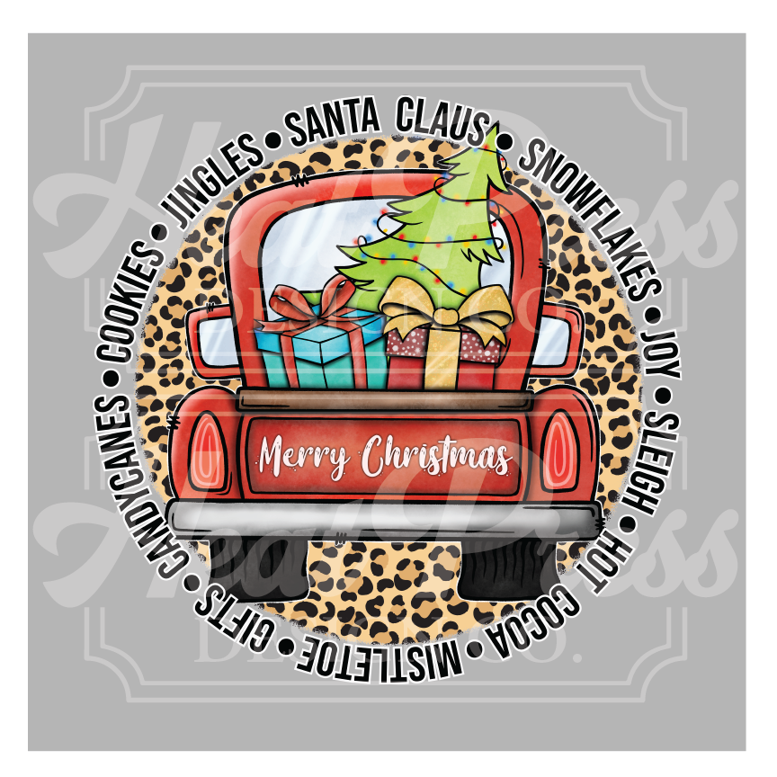 Leopard Print Christmas truck (round) - DTF Transfer